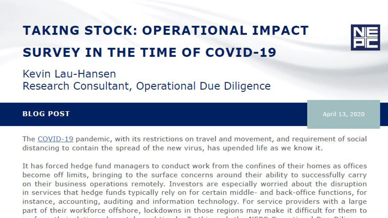Taking Stock: Operational Impact Survey in the Time of COVID-19.