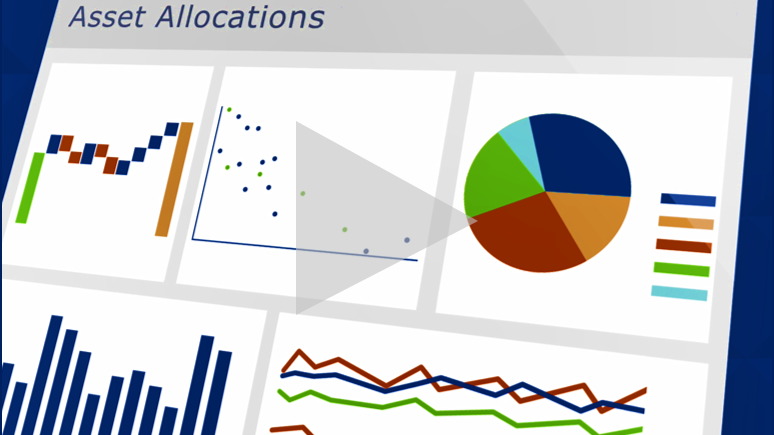 Illustration with bar graphs and pie charts depicting asset allocations.