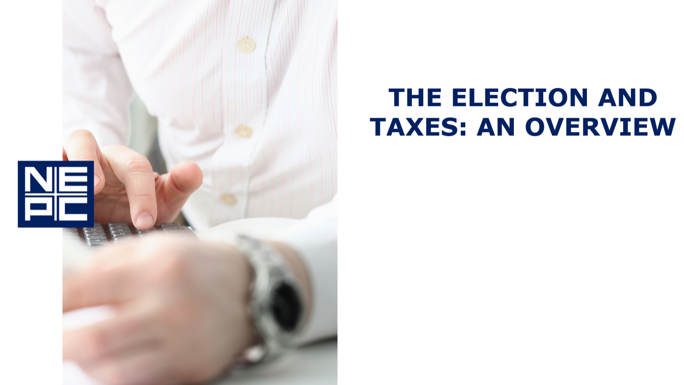 Man in a striped shirt using a calculator. Navy blue copy : The Election and Taxes: An Overview.