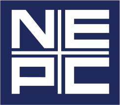 NEPC logo with white letters on a dark blue ground.