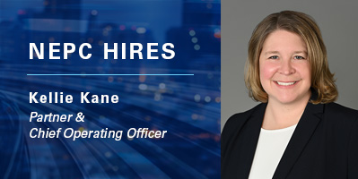 A graphic with a headshot and text, NEPC Hires Kellie Kane, Partner, Chief Operating Officer