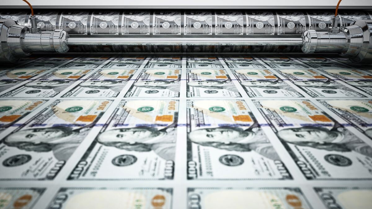 Money printing machine printing 100 dollar banknotes. 3D illustration