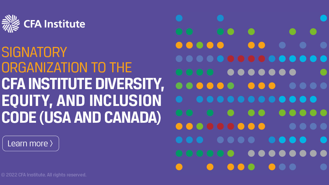 A graphic with text, Signatory Organization to the CFA Institute Diversity, Equity, and Inclusion Code (USA and Canada)