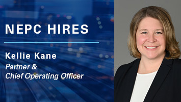 A graphic with headshot and text, NEPC Hires Kellie Kane, Partner, Chief Operating Officer