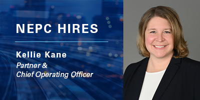 A graphic with headshot and text, NEPC Hires Kellie Kane, Partner, Chief Operating Officer