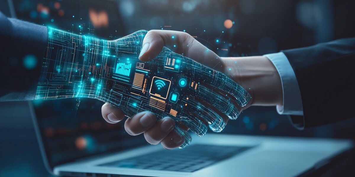 artificial intelligence concept, a robotic hand shaking the hand of a business man