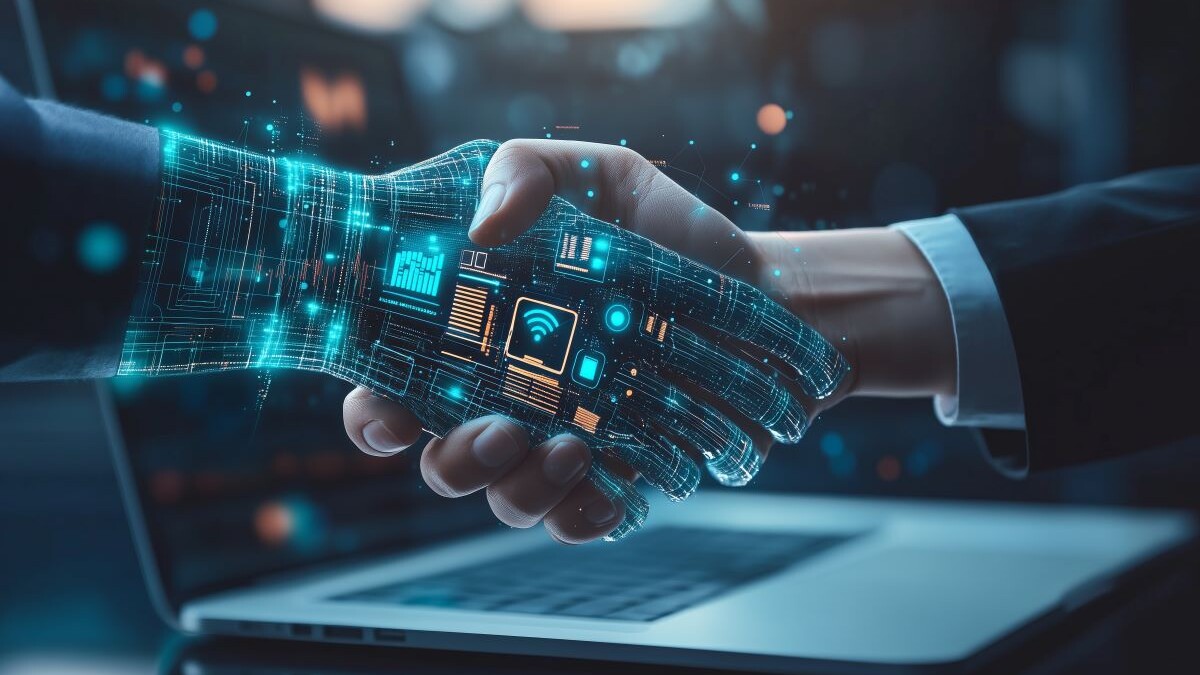 artificial intelligence concept, a robotic hand shaking the hand of a business man