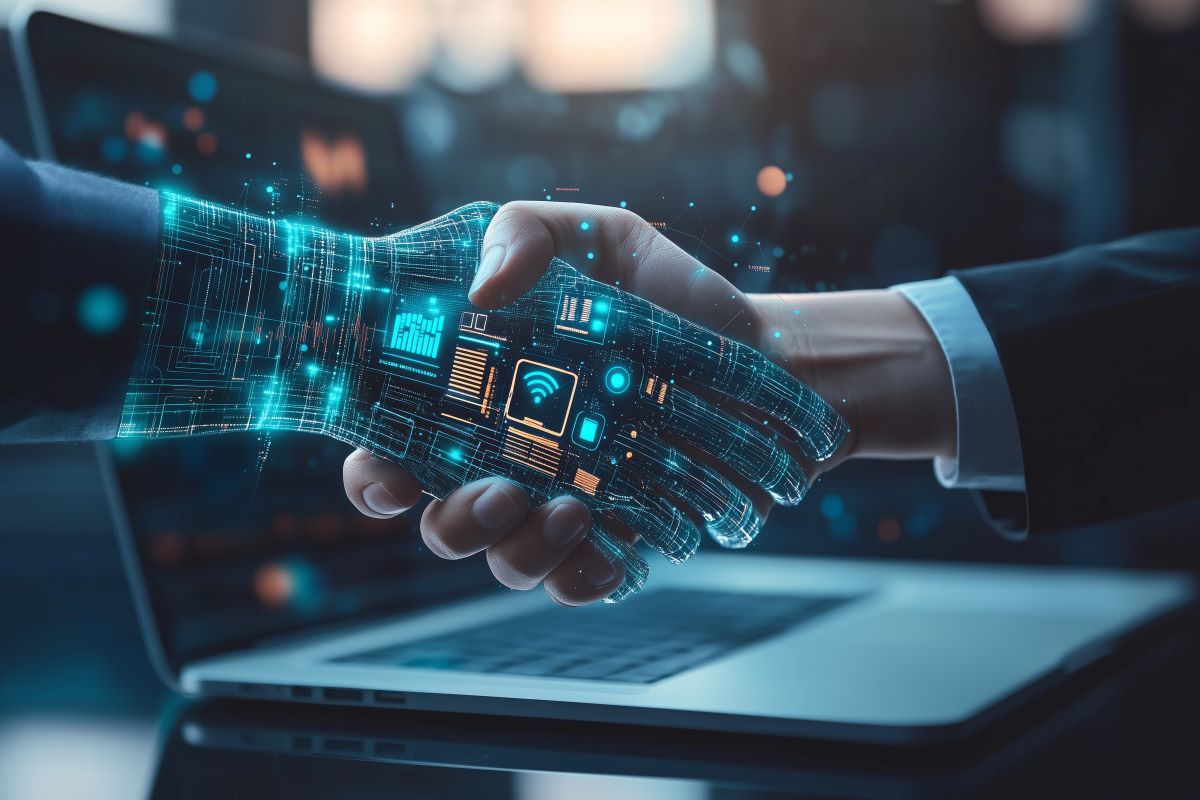 artificial intelligence concept, a robotic hand shaking the hand of a business man