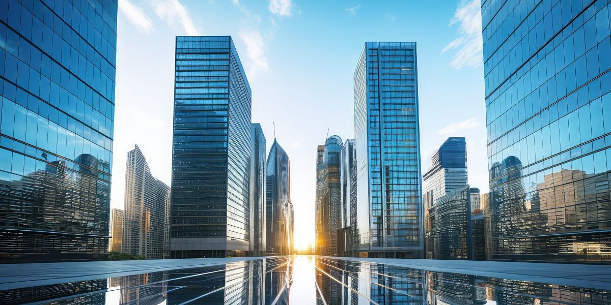 Reflective skyscrapers, business office buildings. low angle view of skyscrapers in city, sunny day. Business wallpaper with modern high-rises with mirrored windows. Generative AI photo.