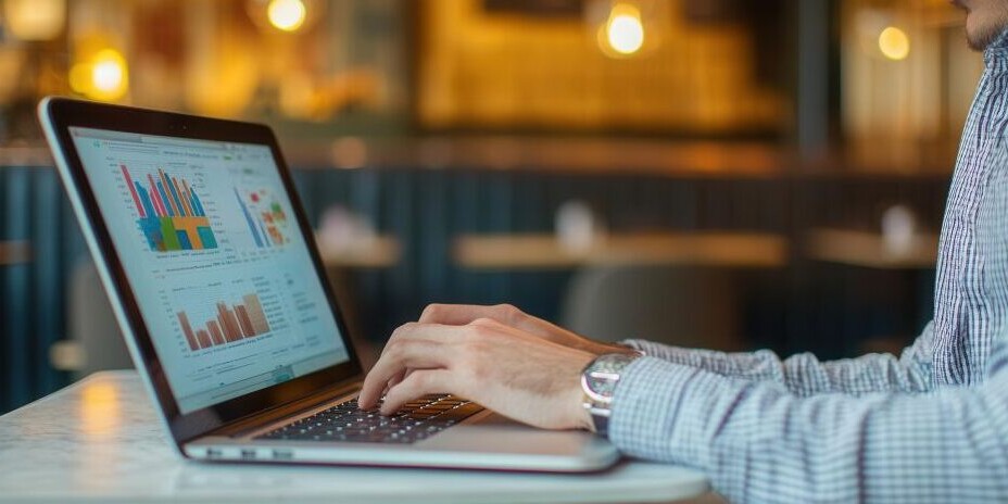 Financial analyst sitting in a private booth in a coworking cafe, reviewing expense trends on a high-end laptop