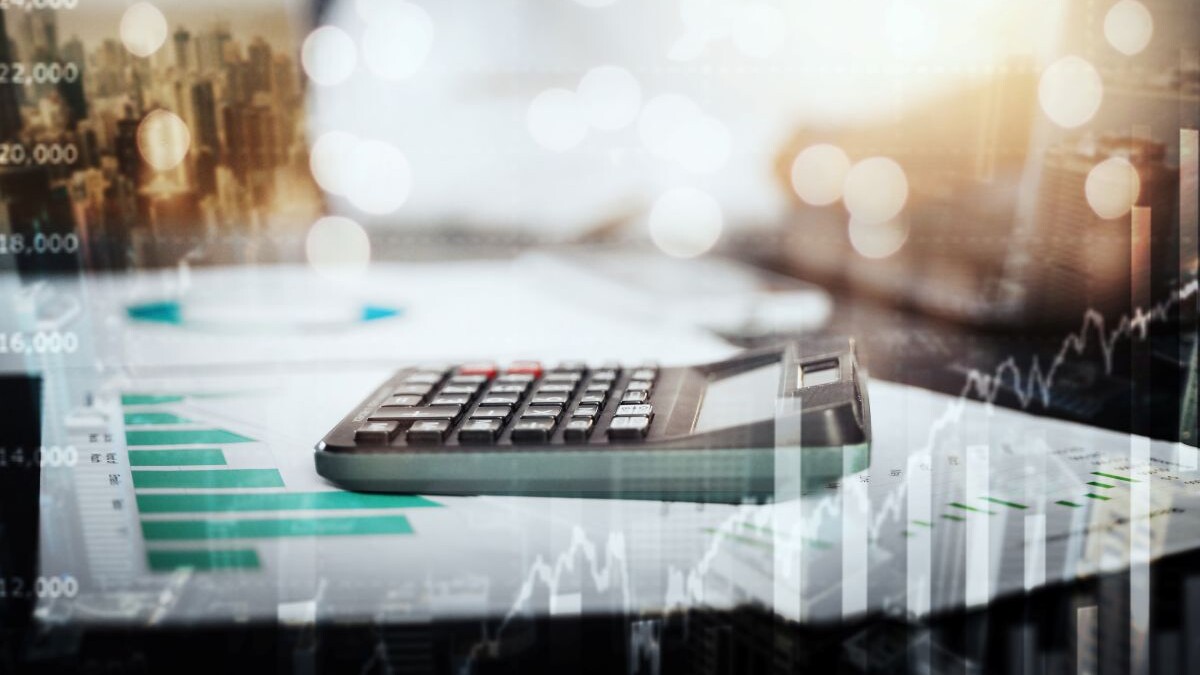 Calculator, business data overlay and finance logistics graphic for tax, audit and investment.