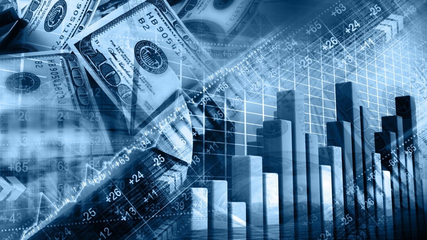 Digital collage showing 3-d bar graphs, stock tickers, and $100 bills, overlaid with a blue hue.