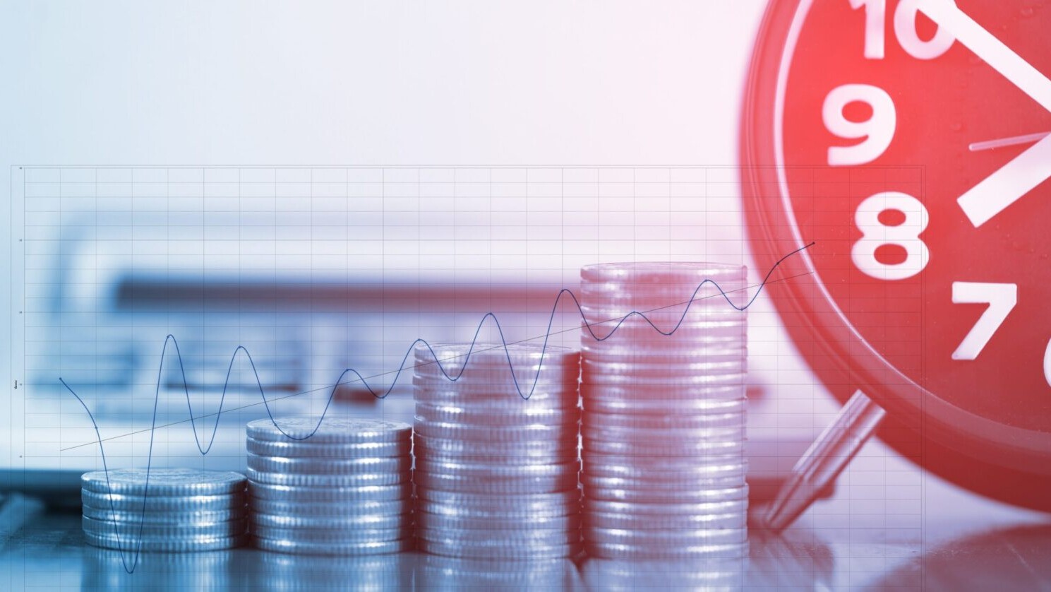 Stacked coins, a calculator, and clock, with a transparent graph overlaid in a digital collage.