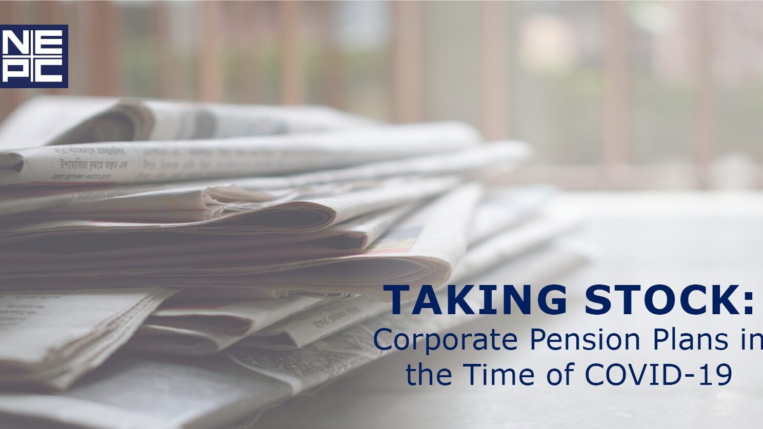 Stack of newspapers on a desk with overlaid dark blue words. Copy reads 