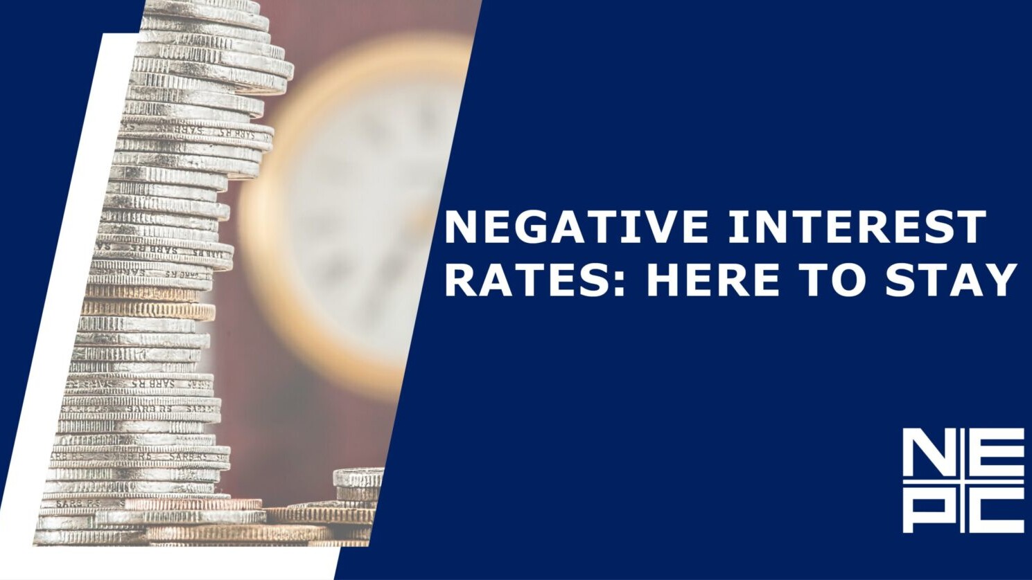 Coins stacked in front of a clock with white words on a dark blue background. Copy reads :