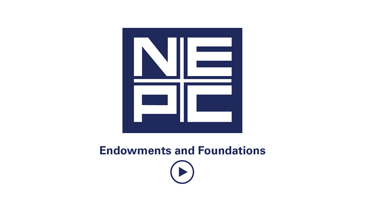 NEPC logo, Endowments and Foundations, and play button icon in navy blue on a white background.