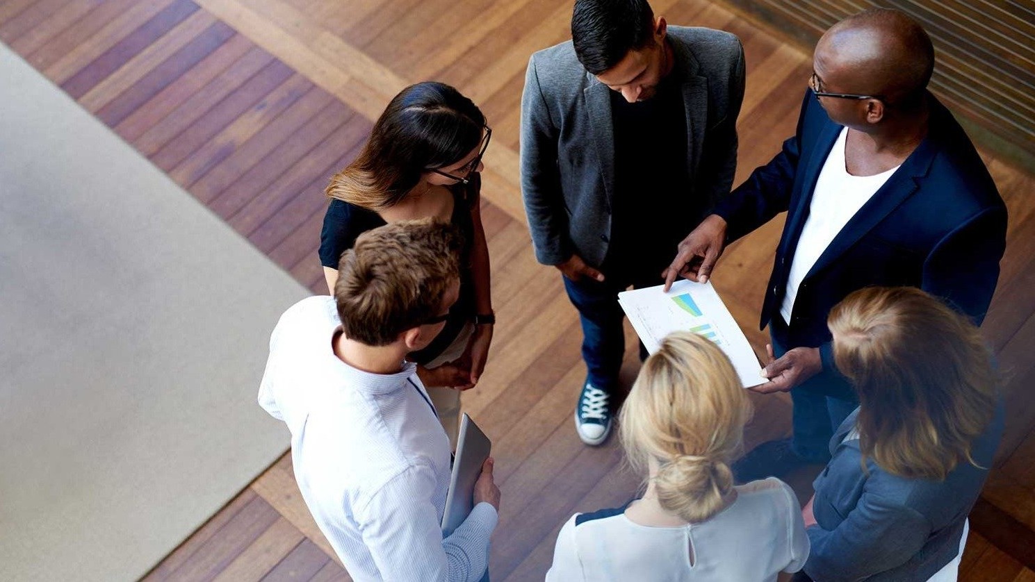 Arial view of a group of 6 co-workers reviewing a report.