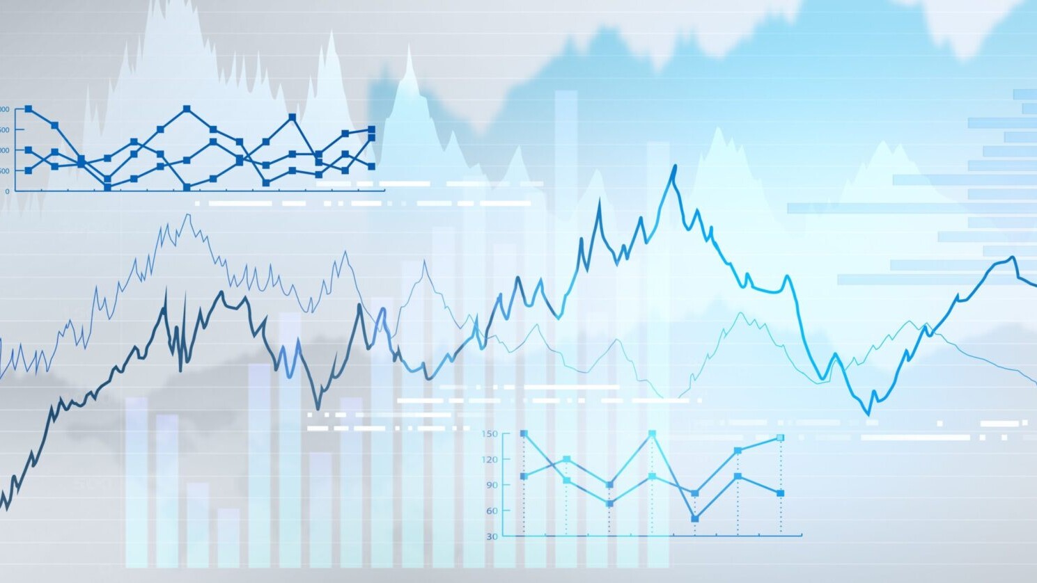 Digital collage of graphs and bars.