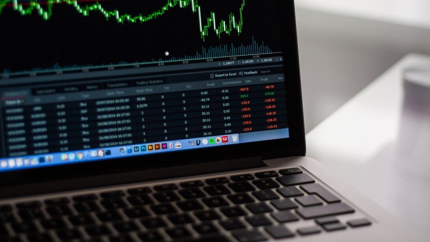 Open laptop displaying graphs and charts on the screen.