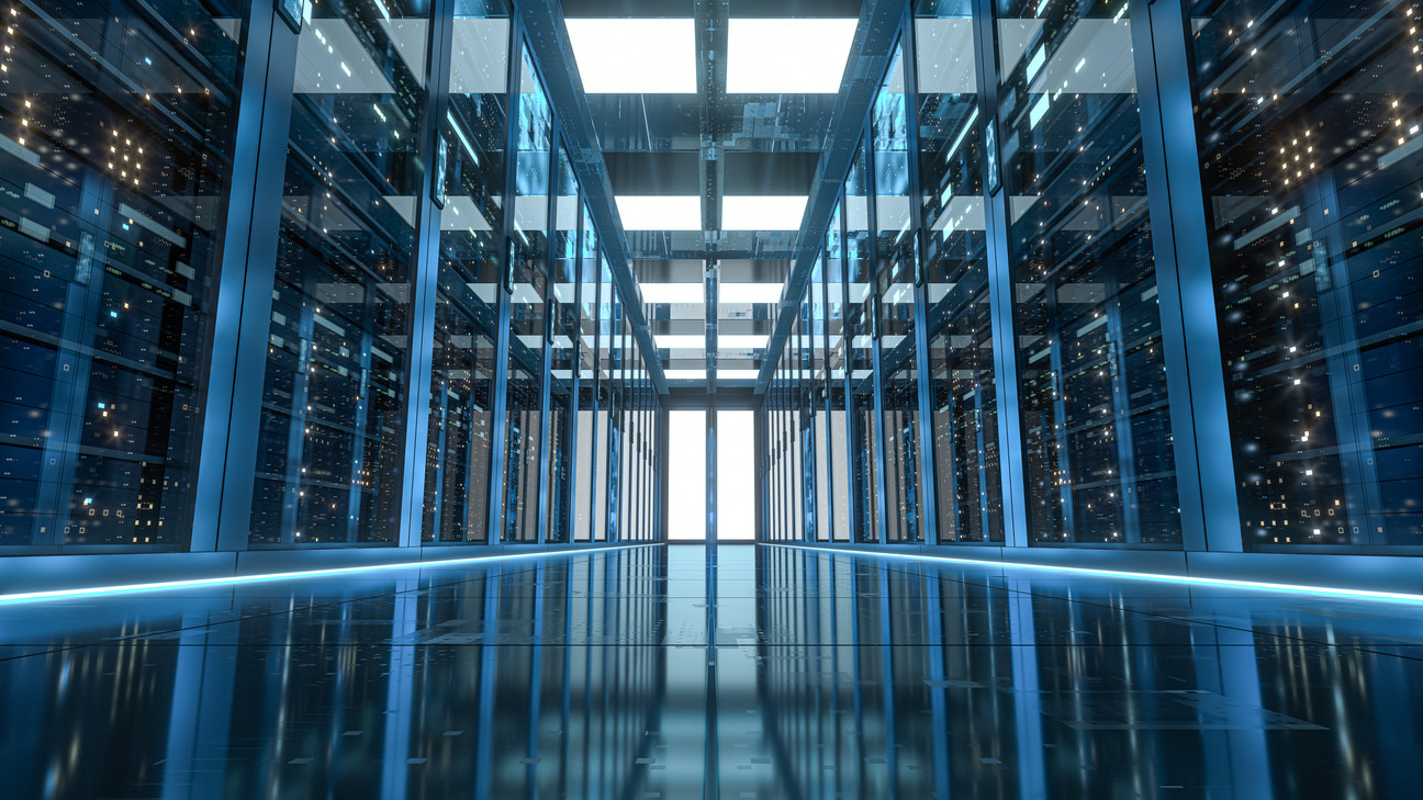 Server racks in computer network security server room data center
