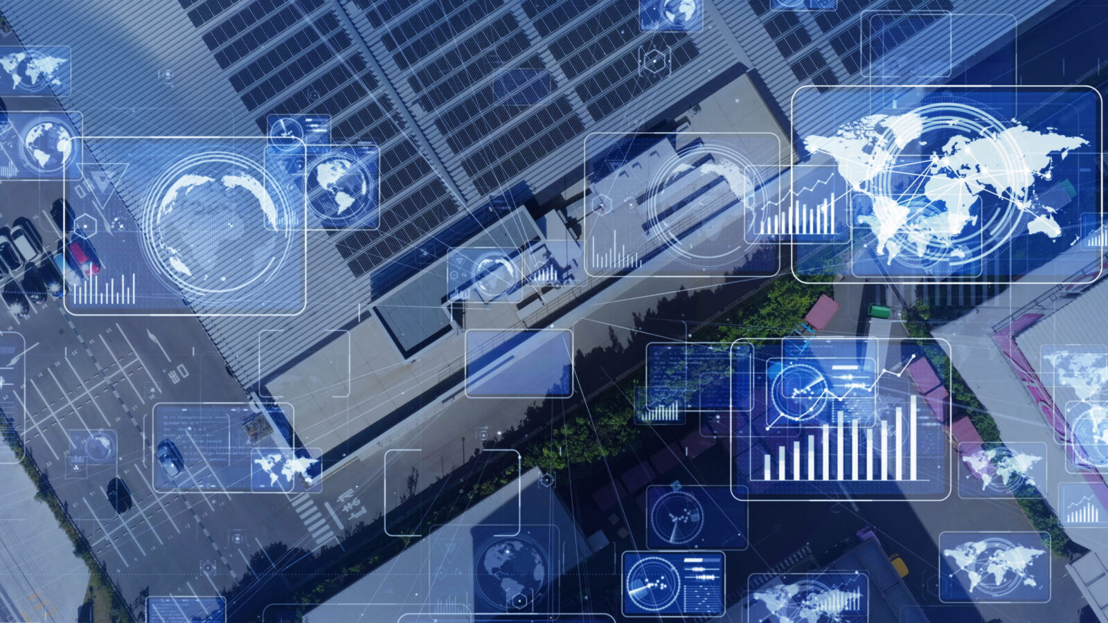 Tech graphic including digitized overlays of globes and charts, blue, russia ukraine market update