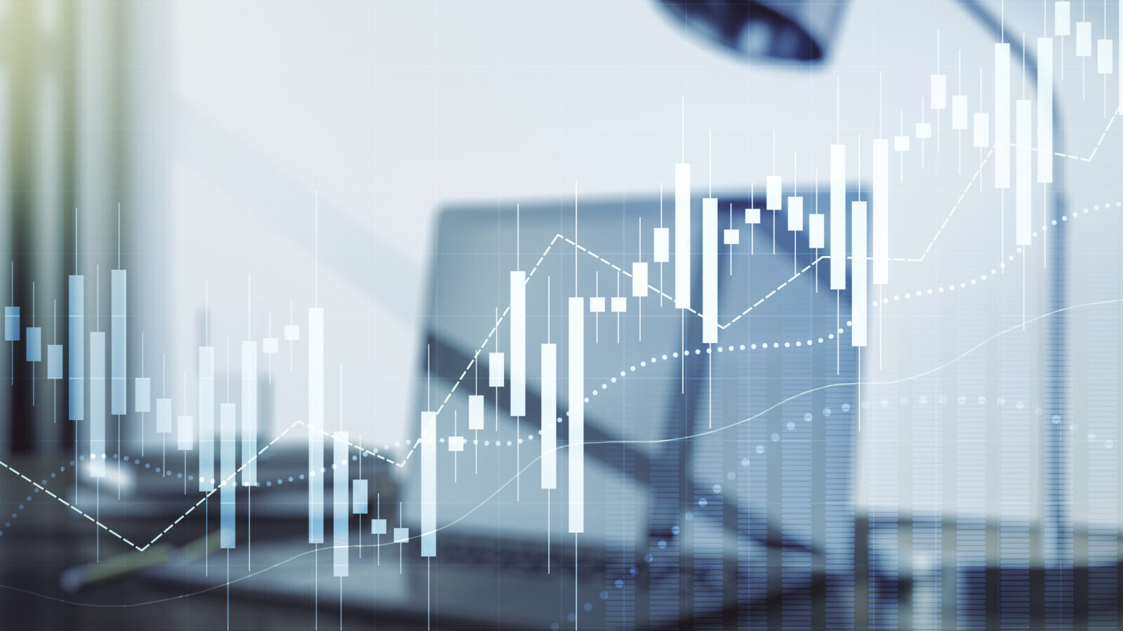 Multi exposure of abstract creative financial chart on computer background, research and analytics concept