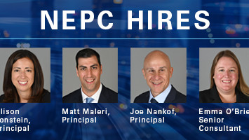 A graphic with text reading NEPC Hires, followed by headshots, names, and titles for the four employees mentioned in the press release.