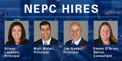 A graphic with text reading NEPC Hires, followed by headshots, names, and titles for the four employees mentioned in the press release.