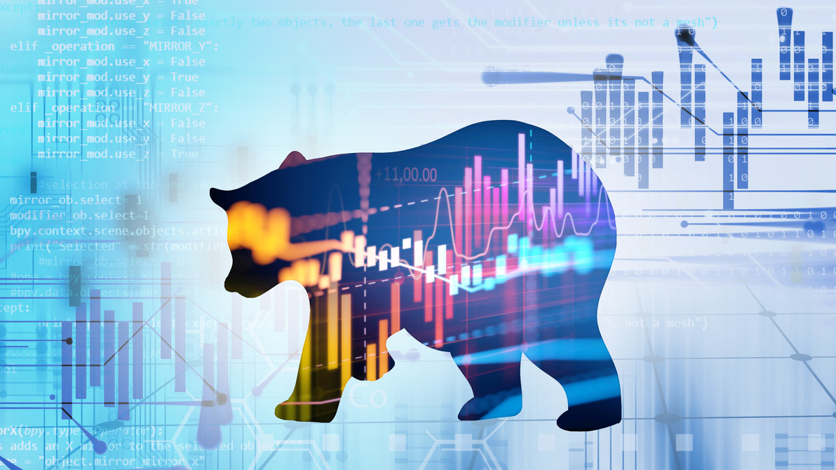 silhouette form of bear on financial stock market graph represent stock market crash or down trend investment