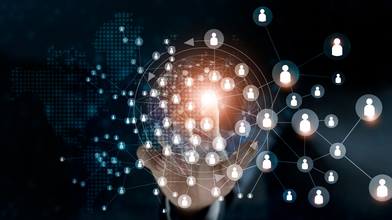 Business woman touching global structure networking and data exchanges customers connection on dark background.