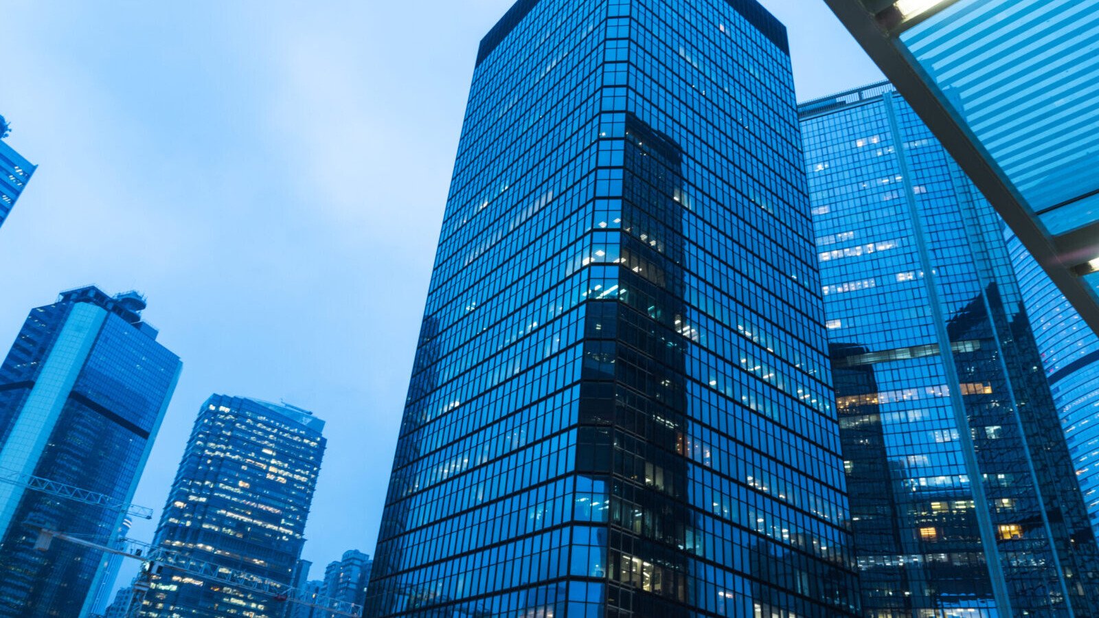 directly below of modern financial skyscrapers in central Hong Kong