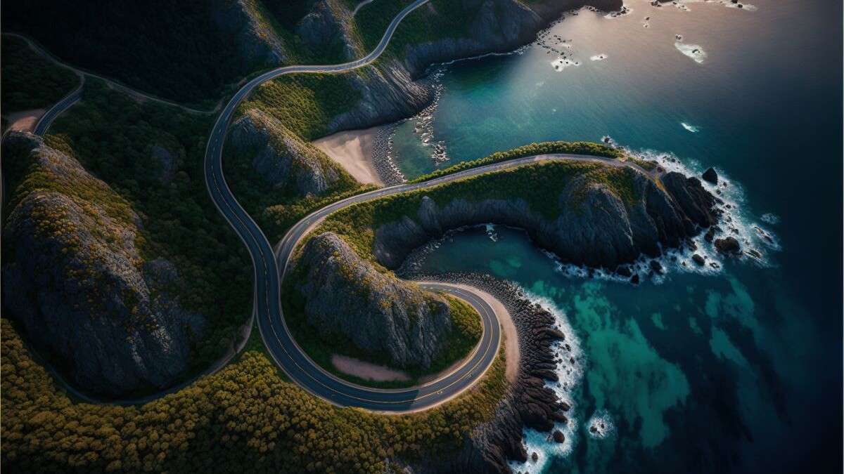 a winding road near the ocean with a sunset in the background and a body of water in the foreground with a road winding into the distance