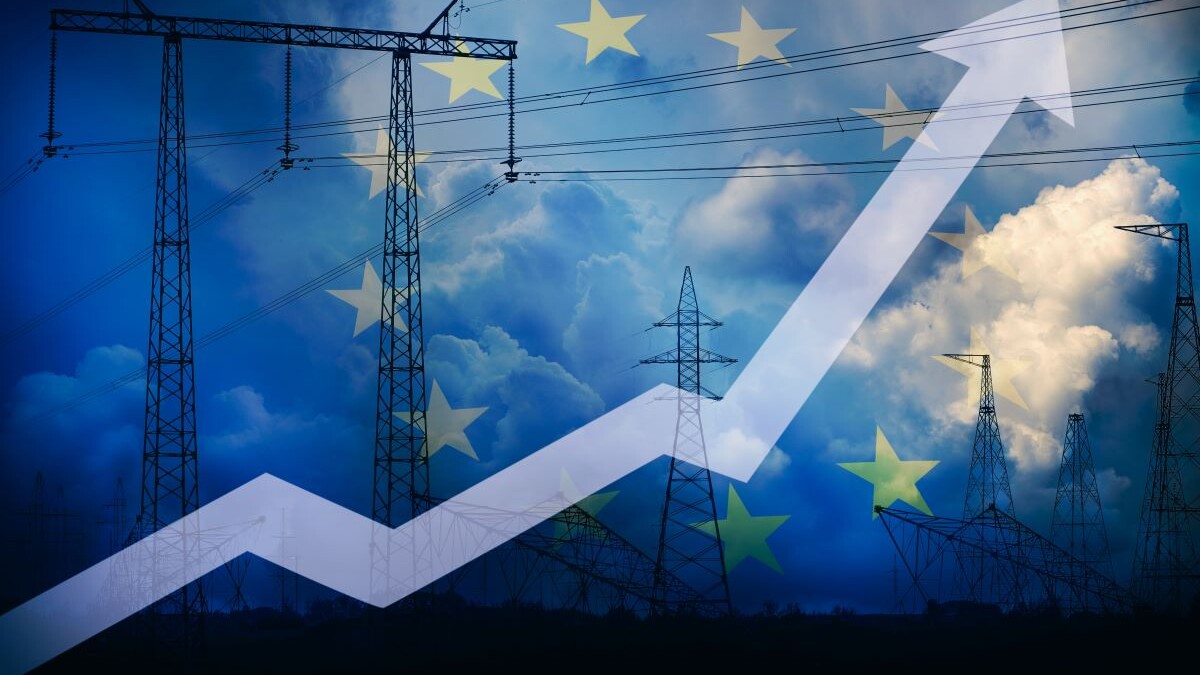 Rising up arrow against EU flag and power line silhouette and stormy sky. Electricity price growth. Energy crisis in Europe. Growing electricity consumption. Power generation shortage. European energy