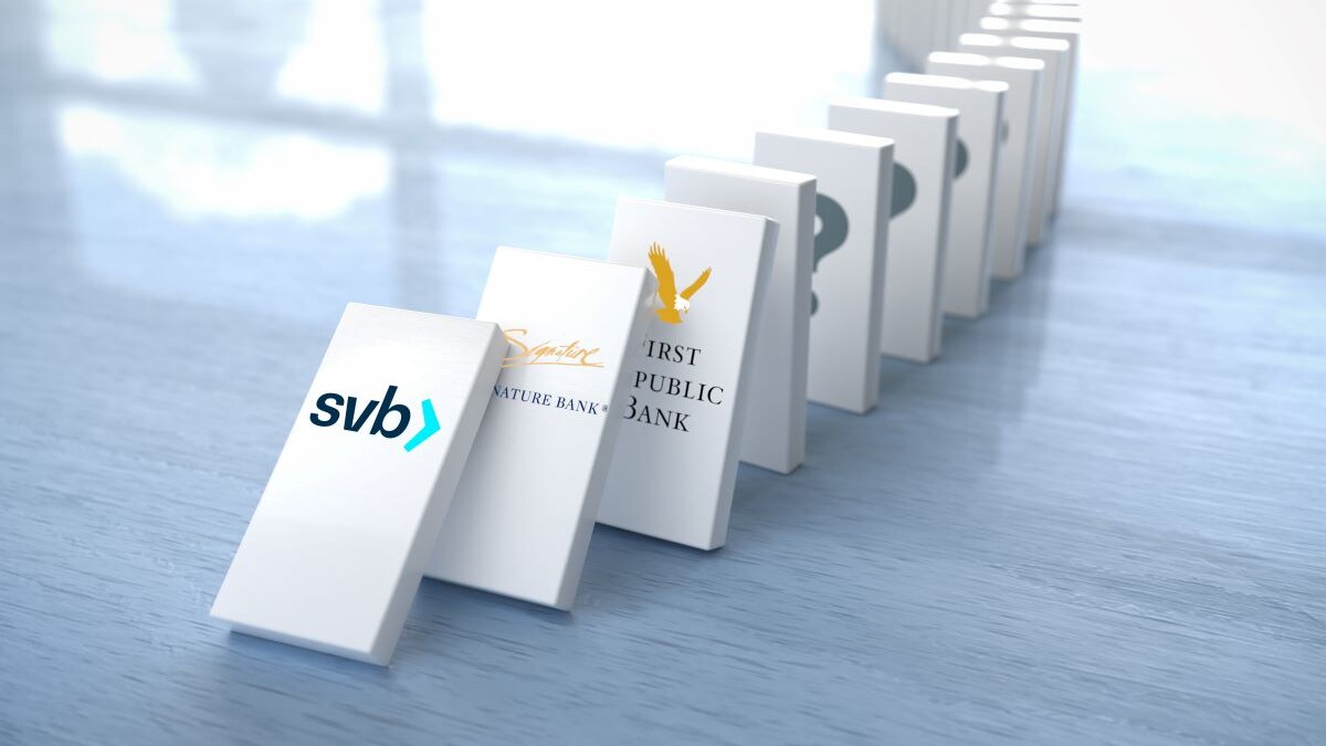 dominos falling with logos of Silicon Valley Bank, Signature Bank and First Republic. Domino effect.