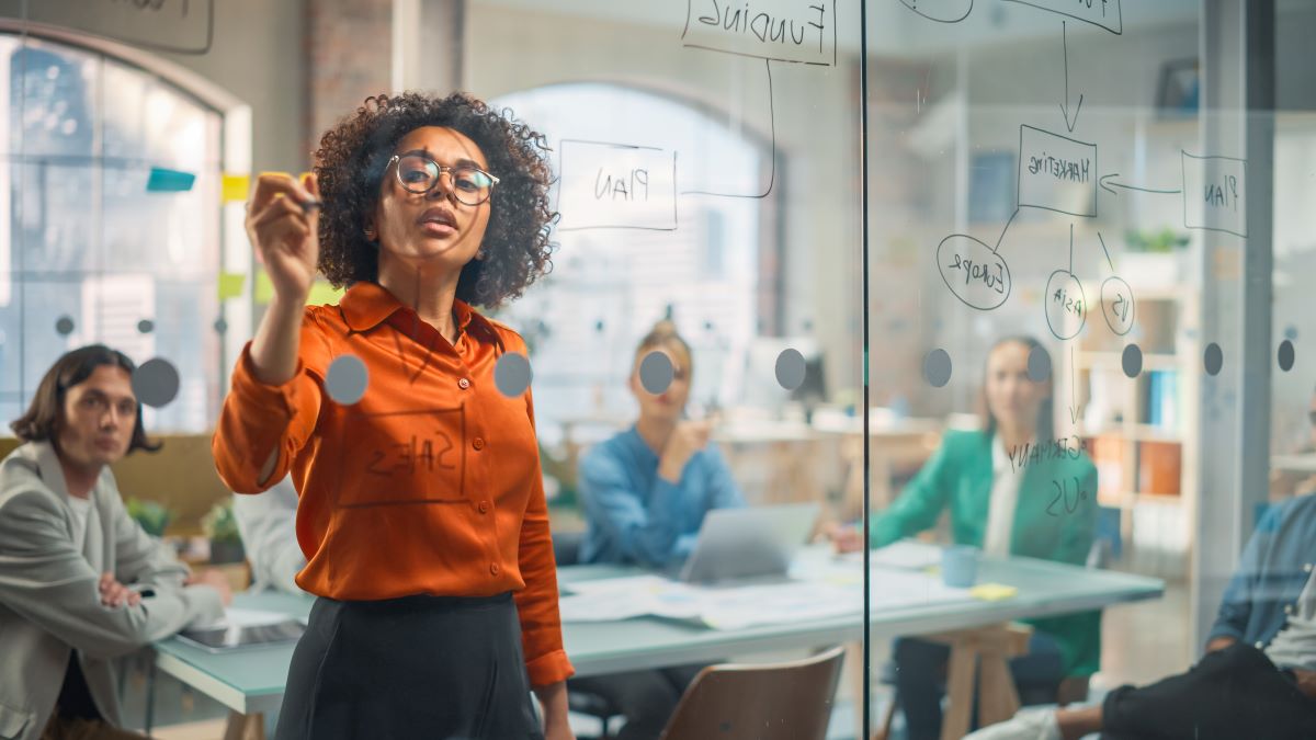 Black Young Woman Explaining Sales Growth Plan to a Diverse Team of Multiethnic People Using a Glass Board and a Marker. Female Specialist Using Mindmapping Technique to Brainstorm with Team at Office