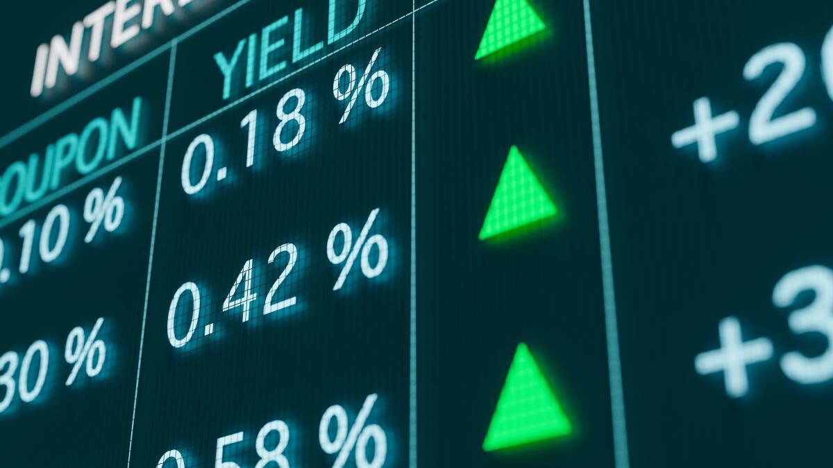 Rising bond yields and rates for saving accounts on the screen. Finance, invest, mortgage rates and stock exchange concept. 3D illustration