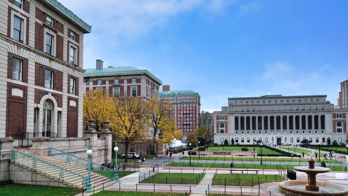 Large university campus with Romanesque style buildings, Columbia University in New York
