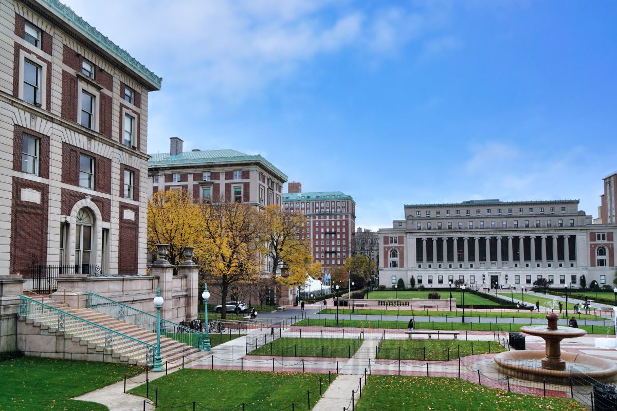 Large university campus with Romanesque style buildings, Columbia University in New York