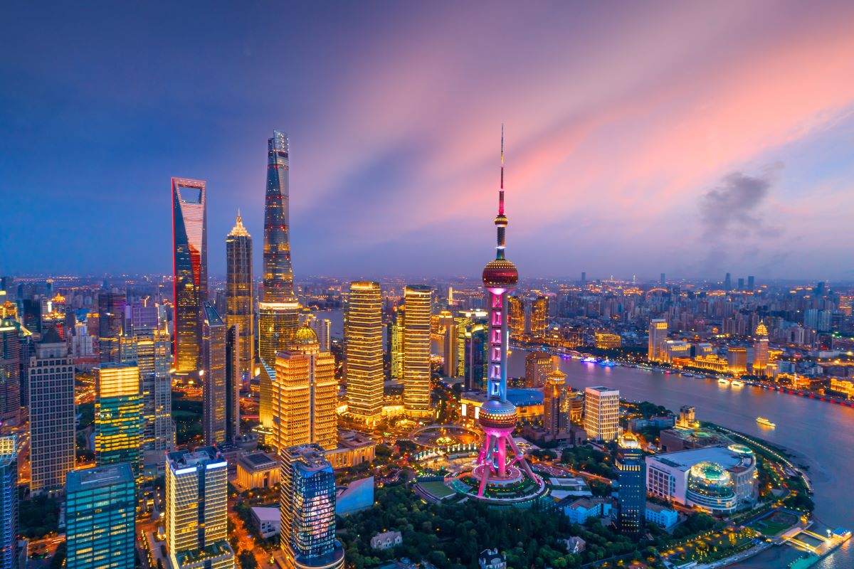 Aerial view of Shanghai skyline at night, China.