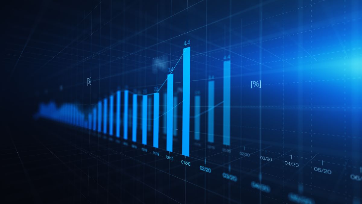 Financial graph showing statistics, prices falling, stock market crash, crisis, inflation rate. Electronic chart with stock market fluctuations abstract concept.