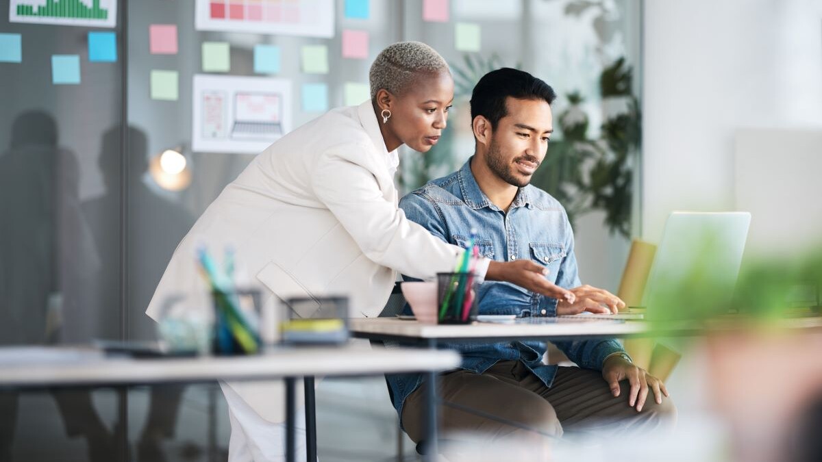 diversity and business people reading online report, website design feedback or research project. Collaboration, staff mentor and team designer working