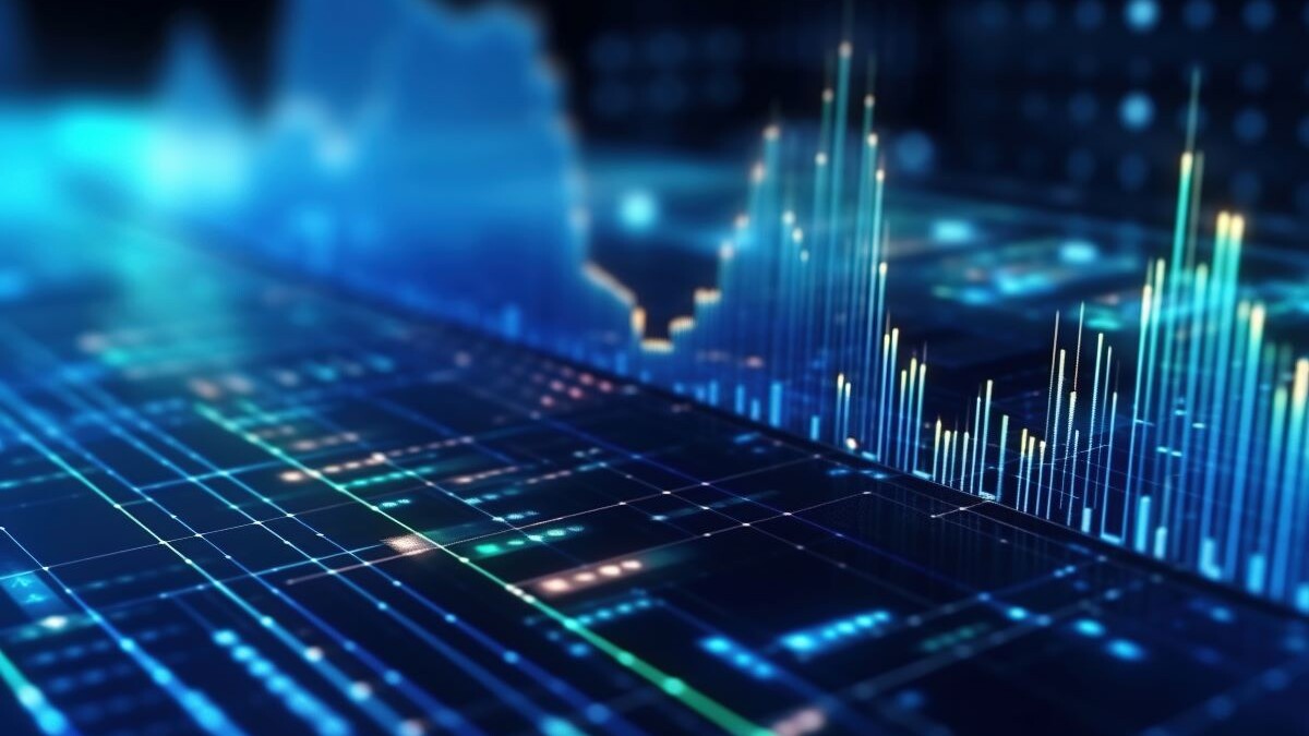 Perspective view of stock market growth, business investing and data concept with digital financial chart graphs, diagrams and indicators on dark blue blurry background