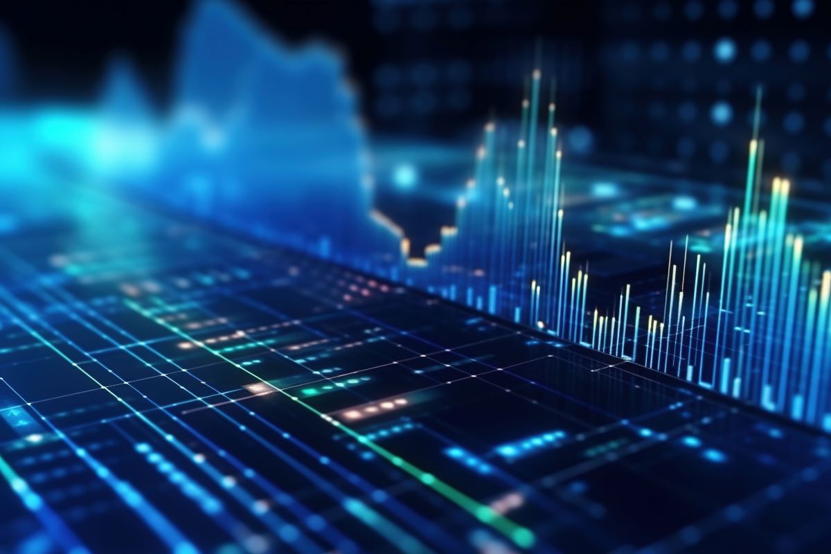 Perspective view of stock market growth, business investing and data concept with digital financial chart graphs, diagrams and indicators on dark blue blurry background