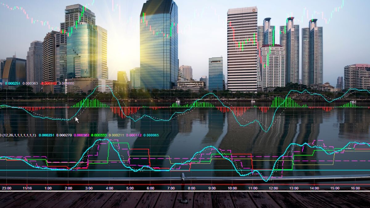Technical stock bar chart and Exchange Building in city Thailand.