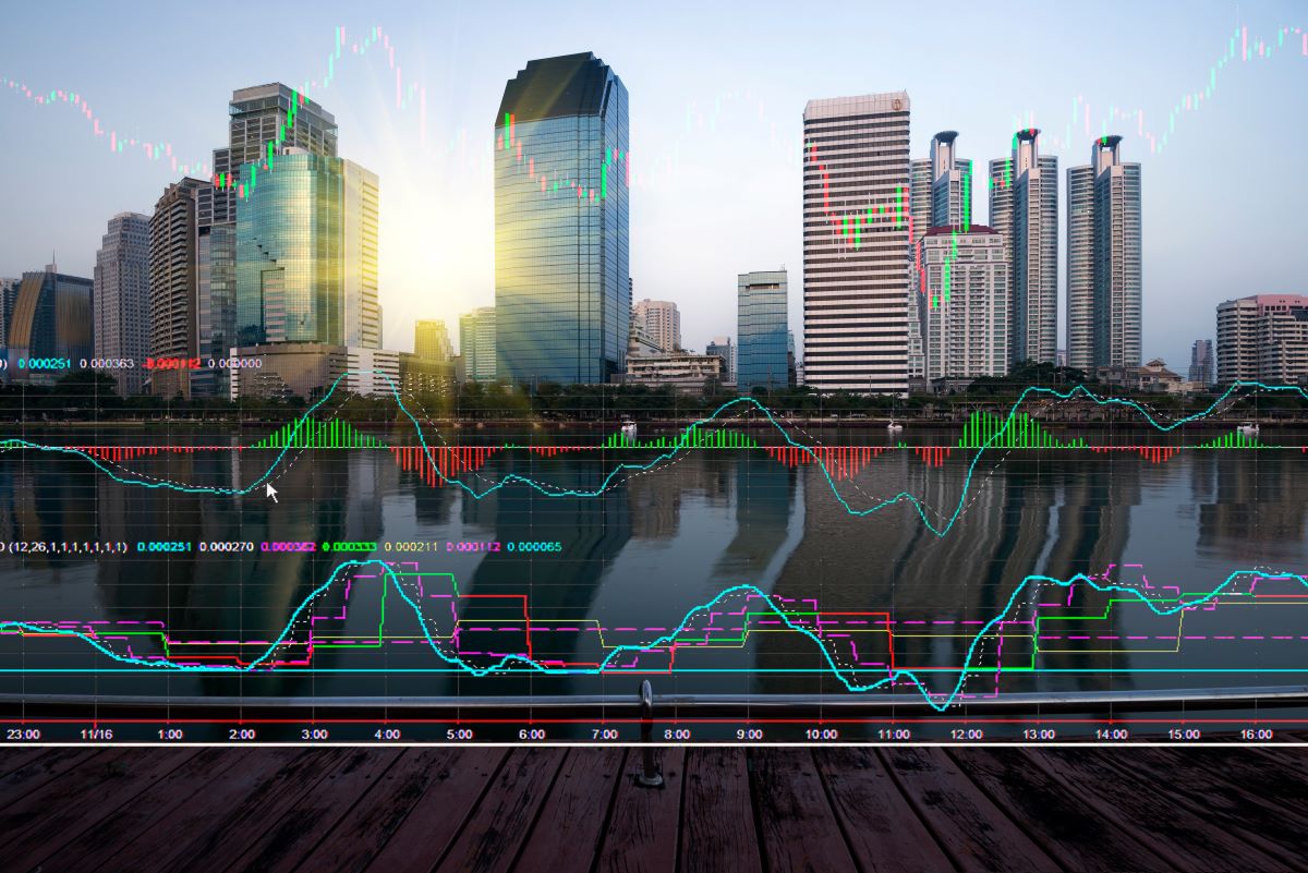 Technical stock bar chart and Exchange Building in city Thailand.