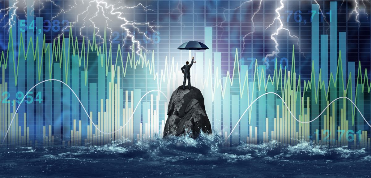 Market turbulence and financial crisis security concept as a volatile stock market with price volatility as a businessman holding an umbrella as a business symbol for wealth management