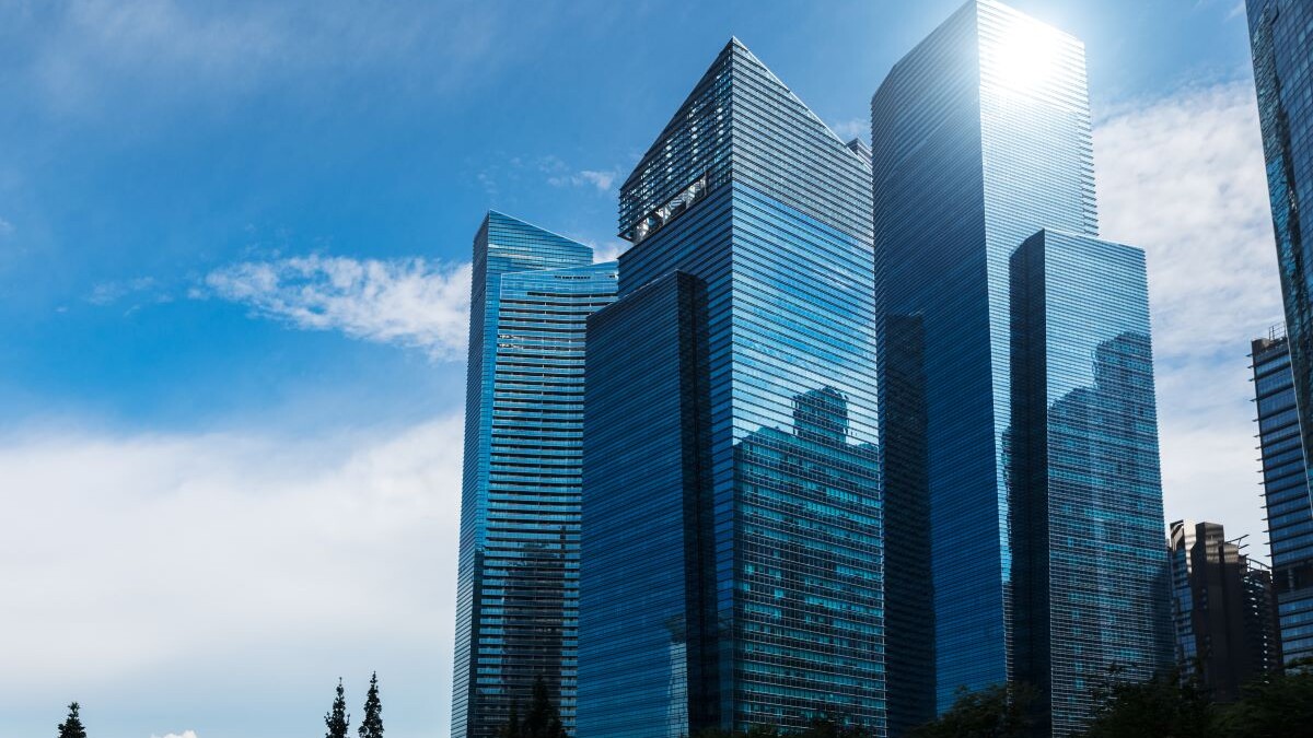 Modern blue skyscrapers at downtown district. Business landscape background. Singapore city