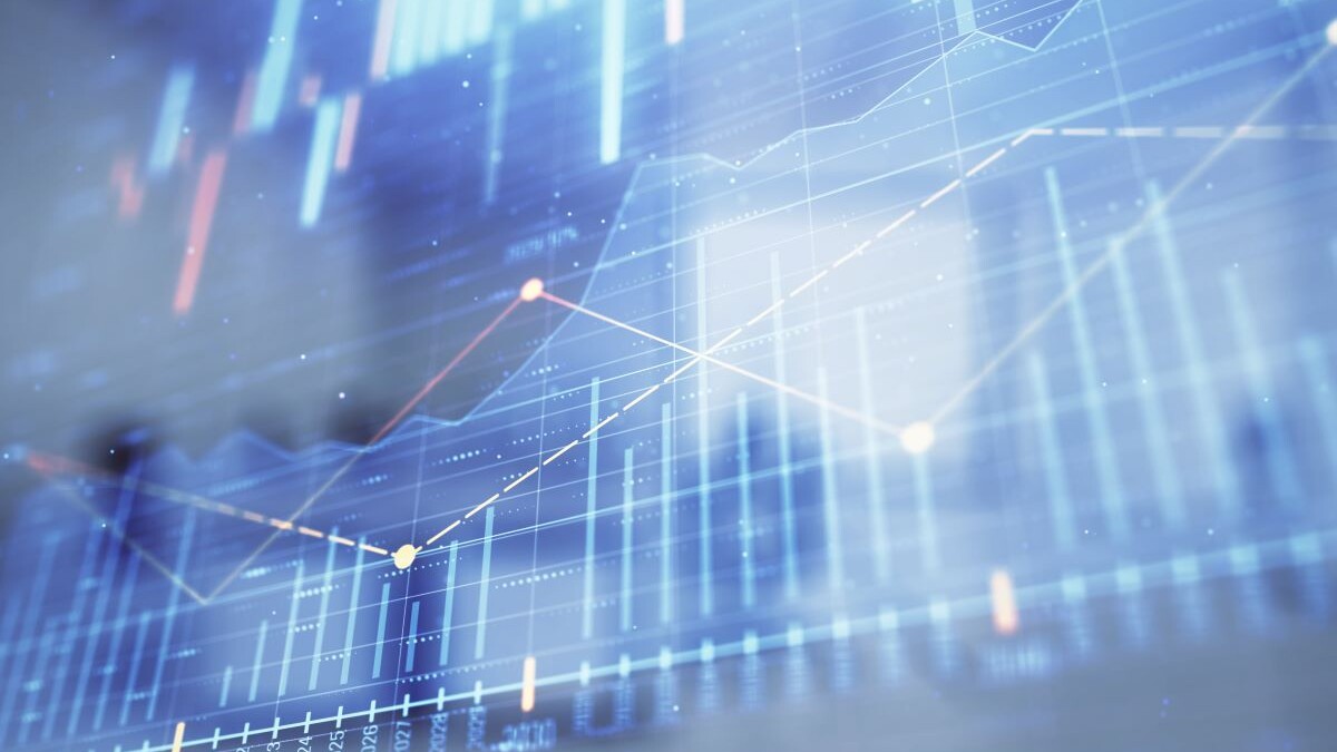 image of Stock market chart with trading desk bank office interior on background. Double exposure. Concept of financial analysis