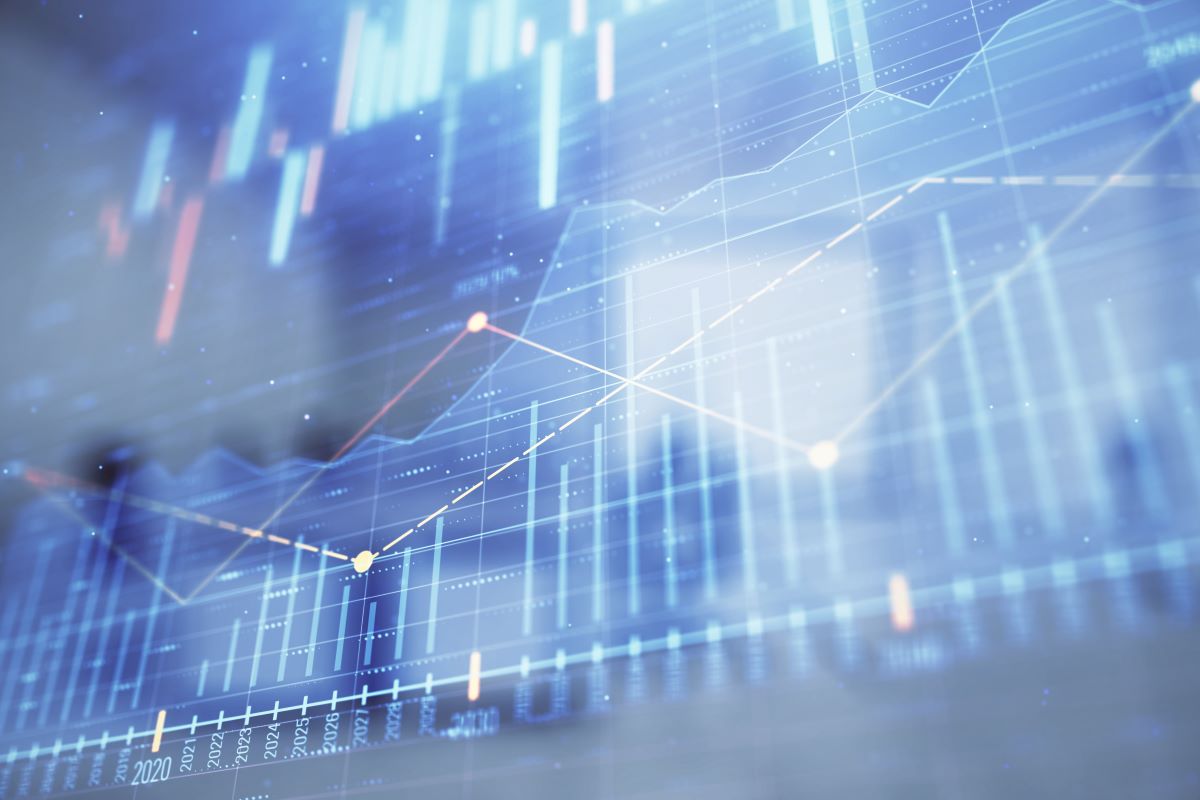 image of Stock market chart with trading desk bank office interior on background. Double exposure. Concept of financial analysis