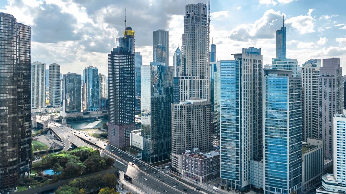 image of Chicago skyline aerial drone view from above